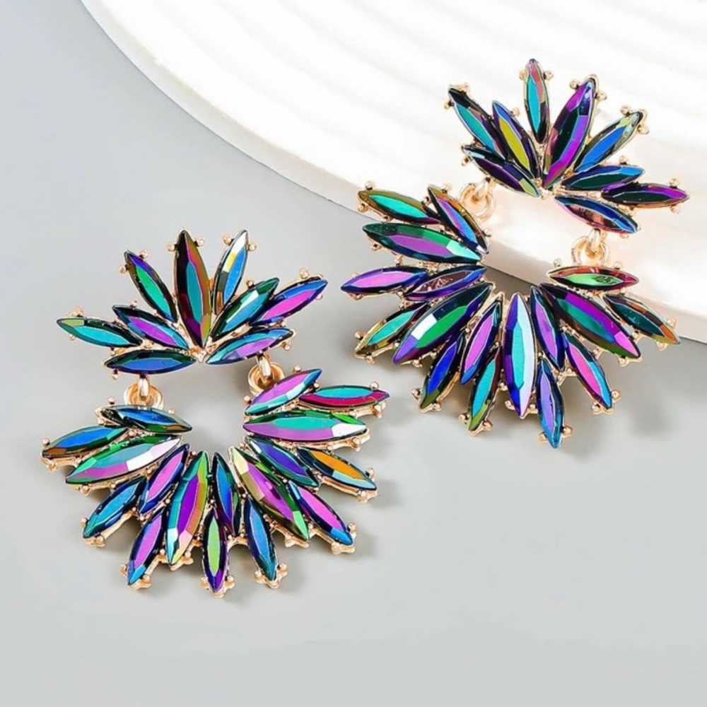 Rainbow Crystal Statement Earrings Large Sunburst… - image 1